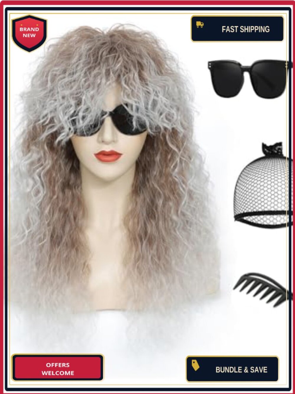 Long Curly Synthetic Wig Rocker 80s Costume Party Hairpiece